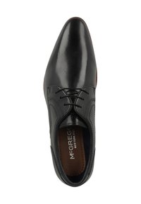 Scarpe eleganti in pelle nera con finitura liscia, design classico con lacci e dettagli di cucitura sottili. Colore uniforme, forma a punta.