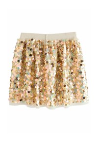 Jupe en sequins dorés et pastels avec un waistband élastique doux, présentant un design en couches et une superposition transparente pour de la texture et de l'éclat.