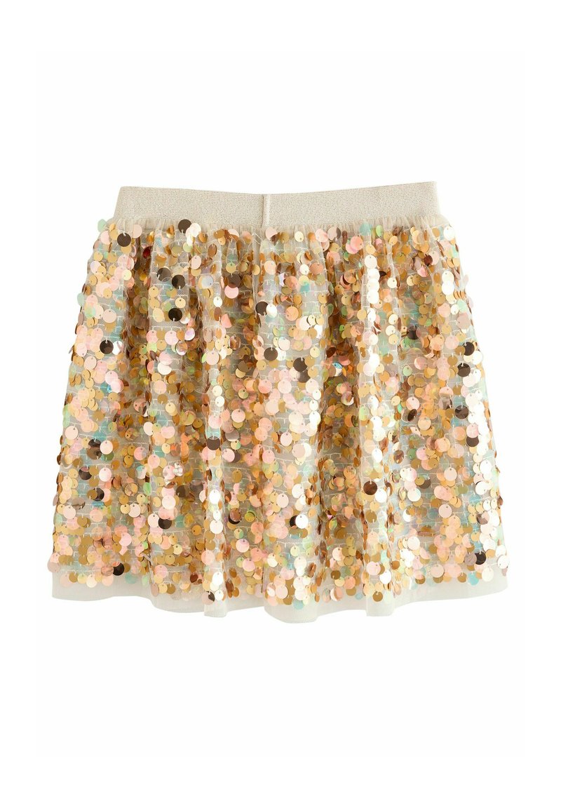 Jupe en sequins dorés et pastels avec un waistband élastique doux, présentant un design en couches et une superposition transparente pour de la texture et de l'éclat.