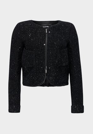 Must musta, tekstuuri ja glitteriga pinnaga, lühikeste varrukatega kootud jakk, ümmargune kaelus, tõmbluku sulgemine ja kaks eesmist taskut.