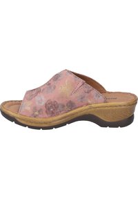 Roze bloemen open teen slide sandal, met textuurstof en gouden accenten, een gevoerde binnenzool en een flexibele lichtbruine zool.