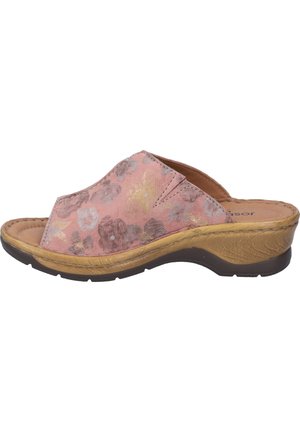 Pink floral open-toe slide sandal, featuring textured fabric with gold accents, a cushioned insole, and a flexible light brown sole.