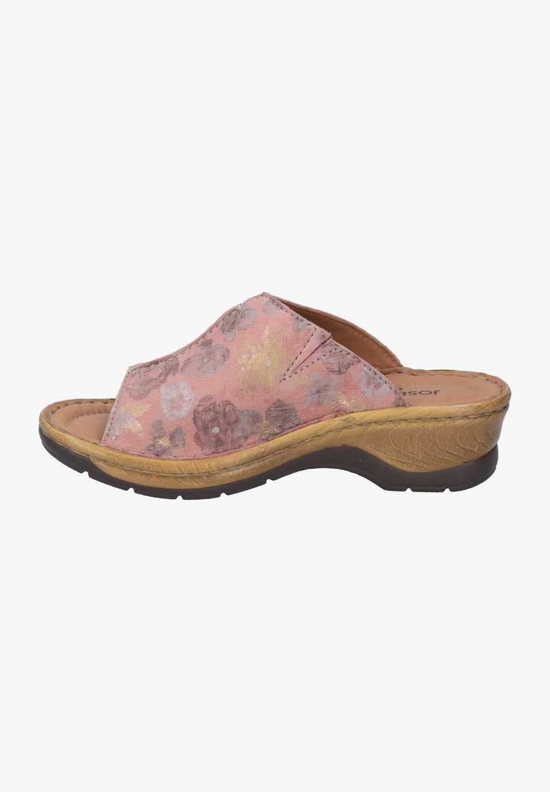 Roze bloemen open teen slide sandal, met textuurstof en gouden accenten, een gevoerde binnenzool en een flexibele lichtbruine zool.