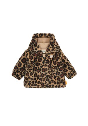 Toddler-sized hooded jacket with leopard print pattern and soft fabric, featuring a small bear face detail near the collar.
