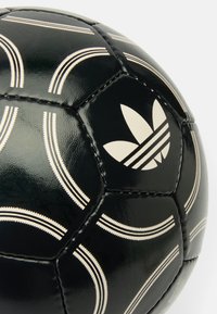 Sort fodbold med glat overflade, der har hvide buede linjer og et broderet Adidas-logo. Design med sekskantede paneler.