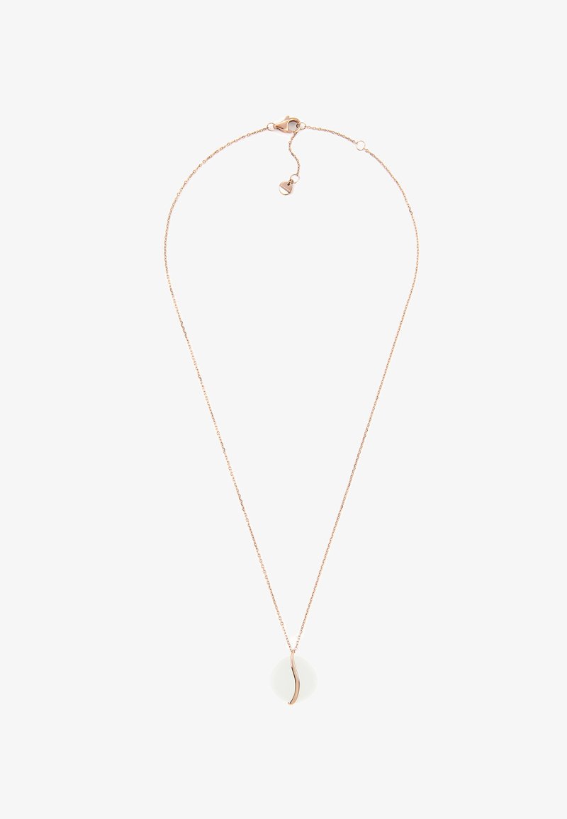 Náhrdelník z růžového zlata s hladkým bílým kulatým přívěskem a vlnitým zlatým akcentem, navržený s jemným zapínáním a prodloužením.