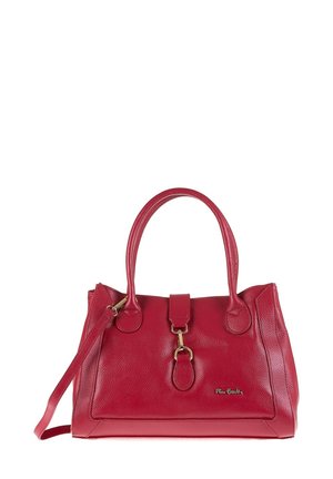 Red leather handbag with a textured finish, featuring dual top handles, a detachable shoulder strap, and gold-tone hardware accents.