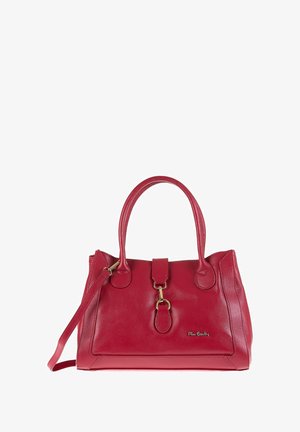 Rote Lederhandtasche mit strukturiertem Finish, ausgestattet mit zwei oberen Griffen, einem abnehmbaren Schultergurt und Akzenten aus goldfarbenem Metall.