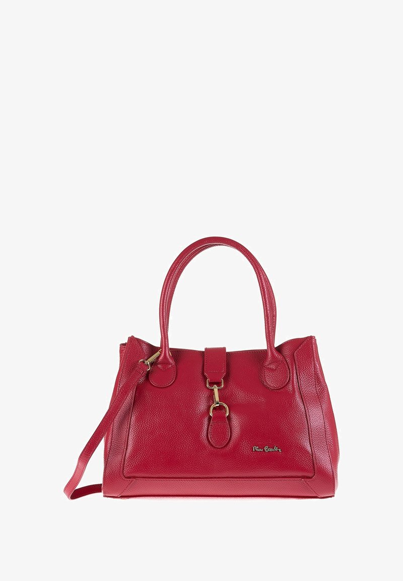 Borsa a mano in pelle rossa con finitura testurizzata, dotata di doppi manici superiori, una tracolla removibile e dettagli metalizzati color oro.