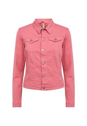 Roze spijkerjasje met lange mouwen, knopen aan de voorkant, twee borstzakken met kleppen en knopen, en een opgevouwen kraag.