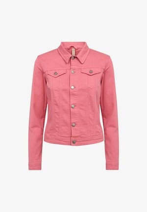 Veste en denim rose à manches longues, boutonnée à l'avant, avec deux poches poitrine à rabat et boutons, et un col plié.