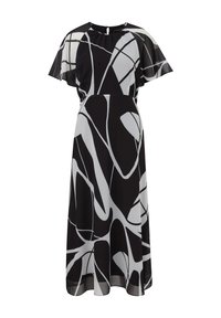 Czarna i biała sukienka midi z abstrakcyjnymi wzorami, przezroczystymi rękawami w stylu falbanek, okrągłym dekoltem i zapięciem z kluczykiem z tyłu. Gładka faktura materiału.