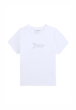 Weißes Juicy Couture T-Shirt mit kurzen Ärmeln, Rundhalsausschnitt und mittig auf der Brust platzierter "Juicy"-Rhinostein-Beschriftung.