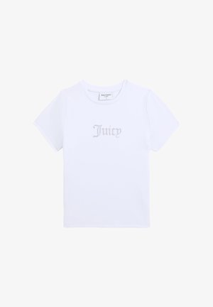 Weißes Juicy Couture T-Shirt mit kurzen Ärmeln, Rundhalsausschnitt und mittig auf der Brust platzierter "Juicy"-Rhinostein-Beschriftung.