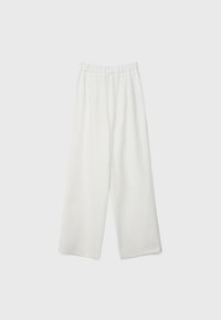 Witte wijde broek met een elastische tailleband, gemaakt van een gladde, textuurstof en een losse pasvorm die recht naar beneden valt.