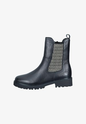 Stivaletto nero con finitura in pelle liscia, pannello laterale elasticizzato a motivo geometrico e suola in gomma con battistrada per una migliore aderenza.