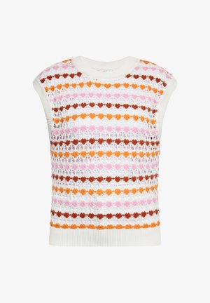 Strick-Sleevless-Pullover mit mehrfarbigen, gemusterten Streifen in Pink, Orange und Braun auf einem weißen Grund sowie einem gerippten Kragen.