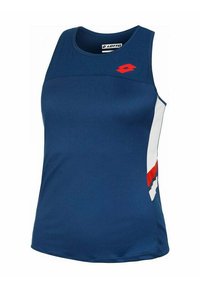 Marineblauw sport tanktop van gladde stof met een ronde halslijn, een rode Lotto-logo en diagonale accenten in wit en rood.