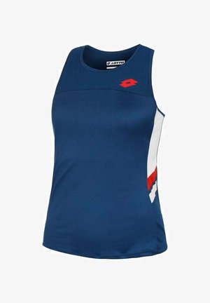 Camiseta sin mangas deportiva de color navy, hecha de tejido suave, con un escote redondo, logo de Lotto en rojo y acentos laterales diagonales en blanco y rojo.