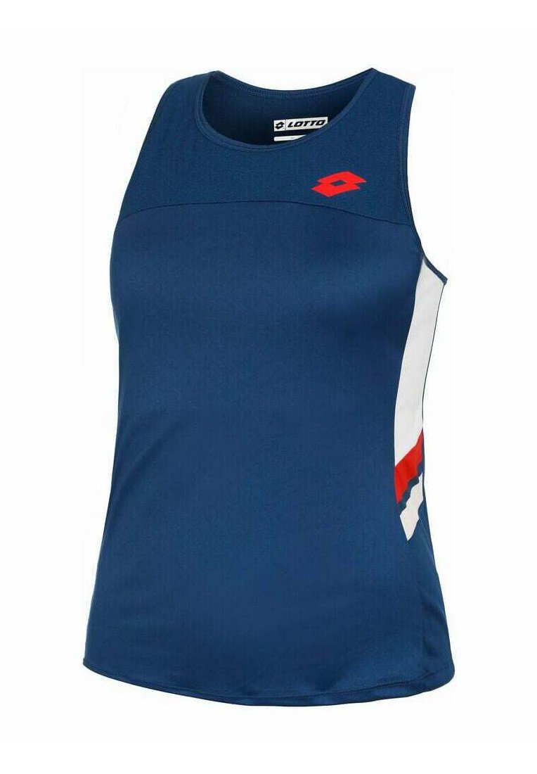 Marineblauw sport tanktop van gladde stof met een ronde halslijn, een rode Lotto-logo en diagonale accenten in wit en rood.