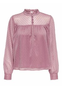Blouse rose clair à manches longues en tissu transparent avec des pois texturés, col montant, fermeture par boutons et détails froncés aux manches.