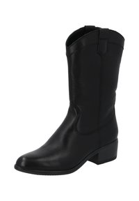 Czarny skórzany but do połowy łydki z niskim obcasem, okrągłym noskiem i pętelkami na górze ułatwiającymi zakładanie.