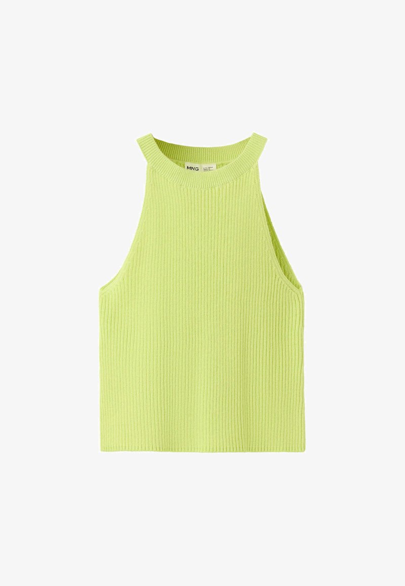 Débardeur côtelé vert citron sans manches avec col rond haut et larges emmanchures, confectionné en tissu doux.
