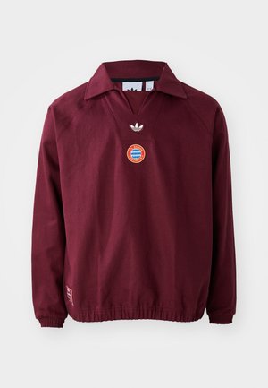 Pulover maron cu guler în V, mâneci lungi, și cu manșete și tiv ribbate. Prezintă un logo brodat și un patch rotund cu detalii albastre și roșii.