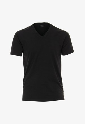 Czarny T-shirt z dekoltem w serek, wykonany z bawełnianego materiału, z krótkimi rękawami i prostą, gładką fakturą, bez widocznych wzorów czy akcentów.