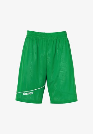 Grønne mesh sportsshorts med elastisk talje, der har en hvid accentlinje og "Kempa"-logoet på venstre side.