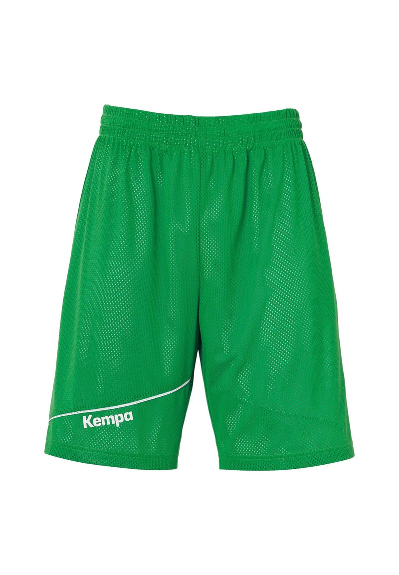 Groene mesh sportshorts met een elastische tailleband, met een witte accentlijn en het "Kempa"-logo aan de linkerkant.