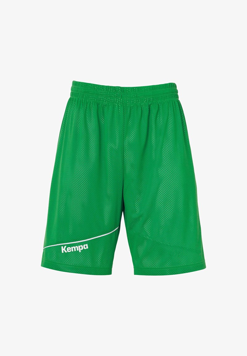 Groene mesh sportshorts met een elastische tailleband, met een witte accentlijn en het "Kempa"-logo aan de linkerkant.