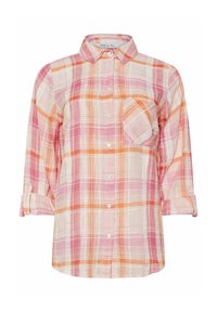 Camicia a quadri nei colori rosa, arancione e crema; maniche lunghe con risvolti, taschino sul davanti e colletto classico; tessuto leggero.
