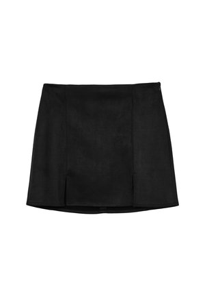 Mini gonna nera con taglio dritto, zip laterale e due spacchi anteriori all'orlo.