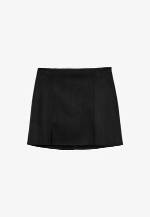 Mini gonna nera con taglio dritto, zip laterale e due spacchi anteriori all'orlo.