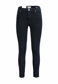 Skinny jeans in dark blue denim, featuring a mid-rise waist, front zip fly, and five-pocket design. Smooth texture with minimal fading.