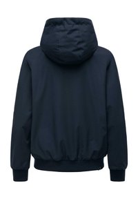 Veste à capuche bleu marine avec poignets et taille élastiques, vue de dos sur fond blanc.