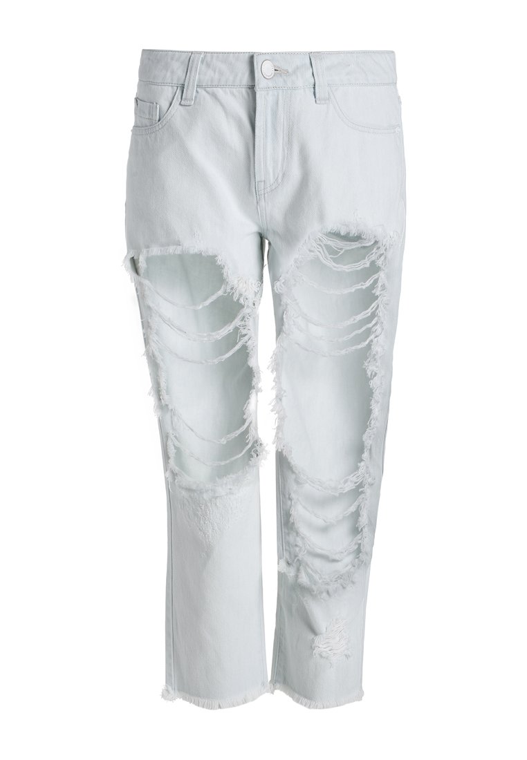 Lichtblauwe versleten denim jeans met grote scheuren op beide dijen, rafelige randen en een rechte pasvorm. Voorzien van een standaard knoop- en ritssluiting.