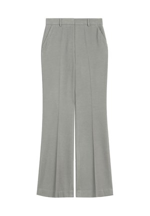 Szare szerokie spodnie z gładkiego materiału, z dwoma przednimi kieszeniami i płaskim pasem z przelotkami na pasek.