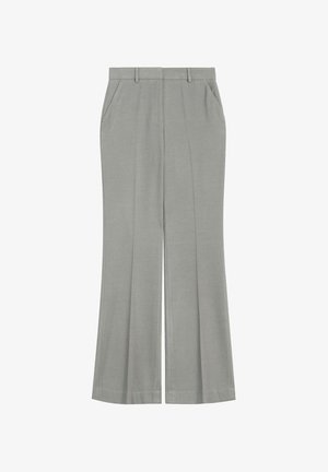 Szare szerokie spodnie z gładkiego materiału, z dwoma przednimi kieszeniami i płaskim pasem z przelotkami na pasek.