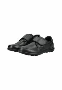 Black leather shoes with a rounded toe, featuring a Velcro strap and a textured upper. Lightweight sole with treads for grip.