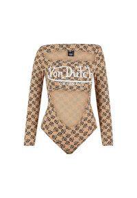 Bodysuit à manches longues en beige avec un motif de logo noir répétitif. Dispose d'un grand col et d'un dos en V profond, fabriqué en tissu extensible.