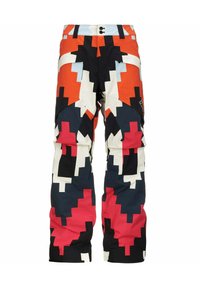 Pantaloni da neve in arancione, bianco, nero e un motivo geometrico rosa. Presentano ampie tasche e un tessuto resistente con una linea dritta.