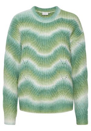 Pull en maille douce à manches longues avec des vagues dégradées bleu, vert et blanc, doté d'un col rond et d'un bas côtelés.