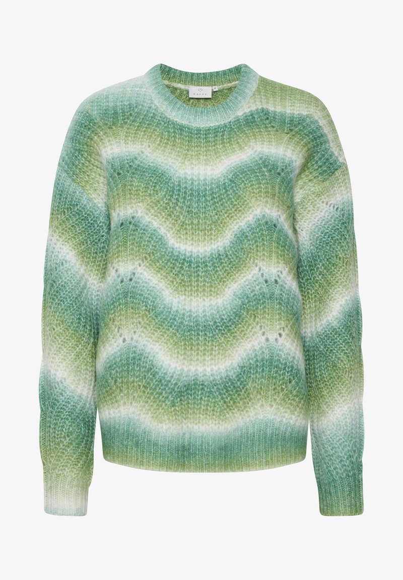 Pull en maille douce à manches longues avec des vagues dégradées bleu, vert et blanc, doté d'un col rond et d'un bas côtelés.