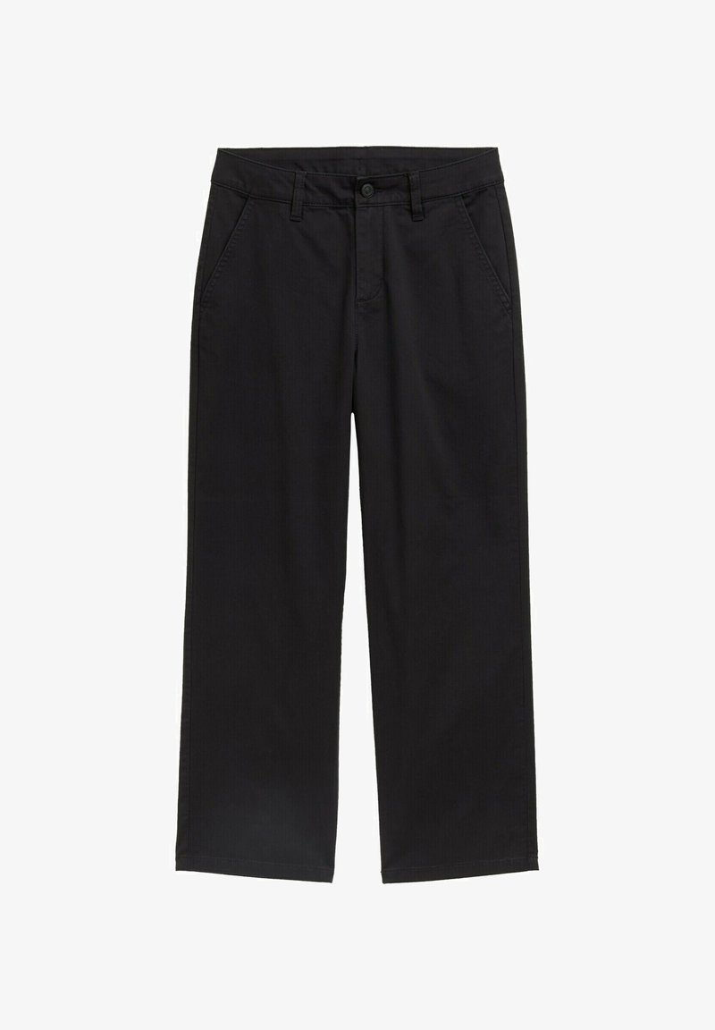 Czarne spodnie szerokie z teksturowanej tkaniny, z frontowymi kieszeniami i zapięciem na guzik. Czyste linie z minimalistycznym designem.