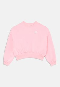 Rožinė apipjauta džemperis, pagamintas iš minkštos medžiagos. Turi apvalų kaklą, raukšlėtą hemą ir elastingas rankoves. Išsiuvinėtas baltas Nike logotipas krūtinėje.