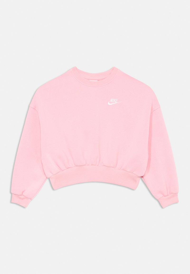 Roza skrajna trenirka iz mehkega materiala. Ima okroglo ovratnik, rebrast rob in elastične manšete. Na prsih je izvezeno belo Nike logo.