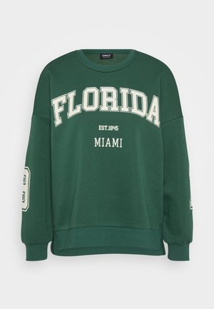Green sweatshirt made from soft fabric, featuring white text that reads "FLORIDA EST.1845 MIAMI" and a number on the sleeves.
