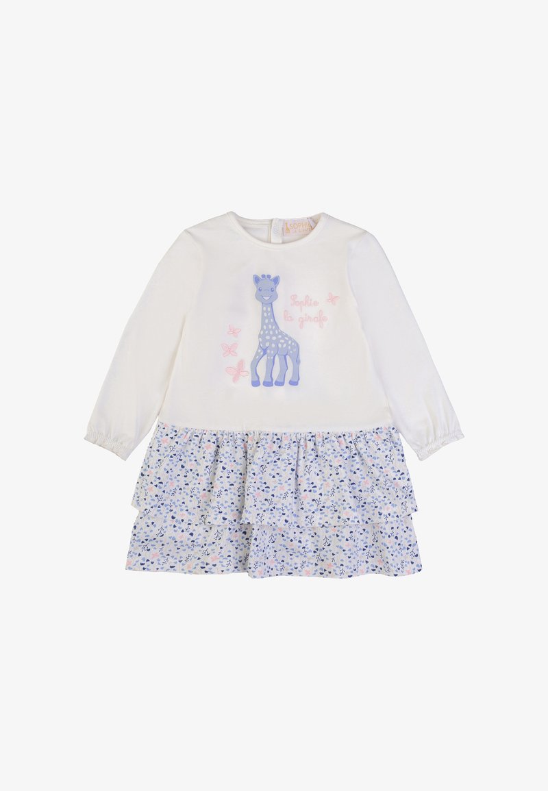 Abito a maniche lunghe con parte superiore bianca decorata con una grafica di una giraffa blu e testo rosa, e una gonna a strati con un motivo floreale blu.